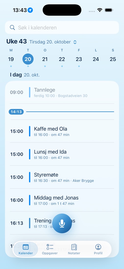 Kalenderen i Levo med dagens avtaler og tiden til neste