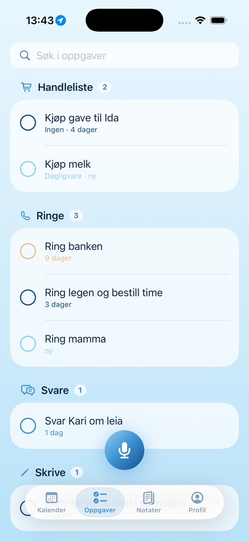 Oppgaver delt i handleliste, ringe og svare